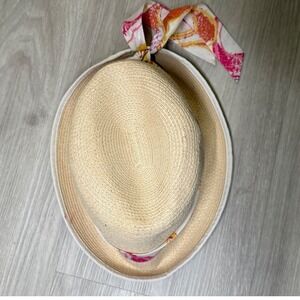 Coach Est 1941 Straw Fedora Hat Tan Pink Orange Floral Ribbon Scarf XS/S